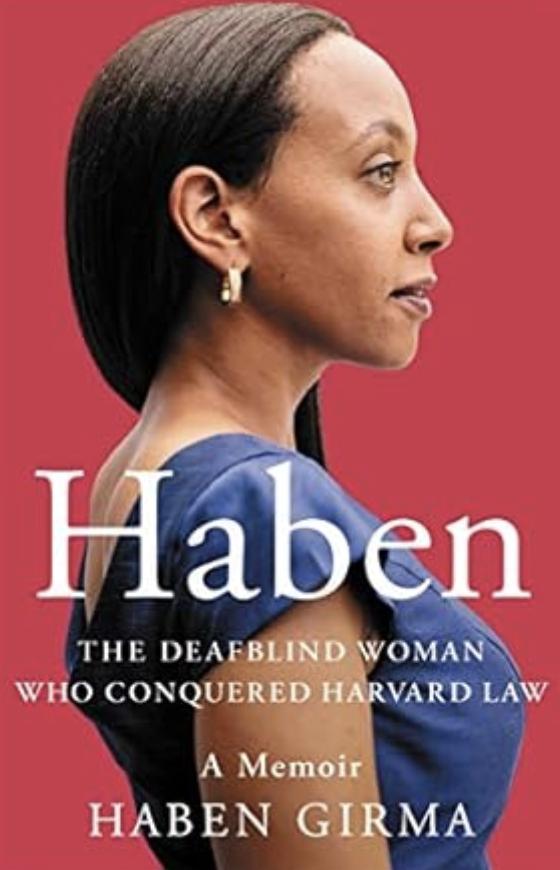 Eine schwarze Frau im Seitenprofil mit langen schwarzen Haaren und einem blauen Kleid auf rotem Hintergrund. Text: Haben, the deafblind woman who conquered Harvard Law, a memoir