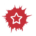 Das Sozialhelden Logo. Ein roter Klecks mit Stern